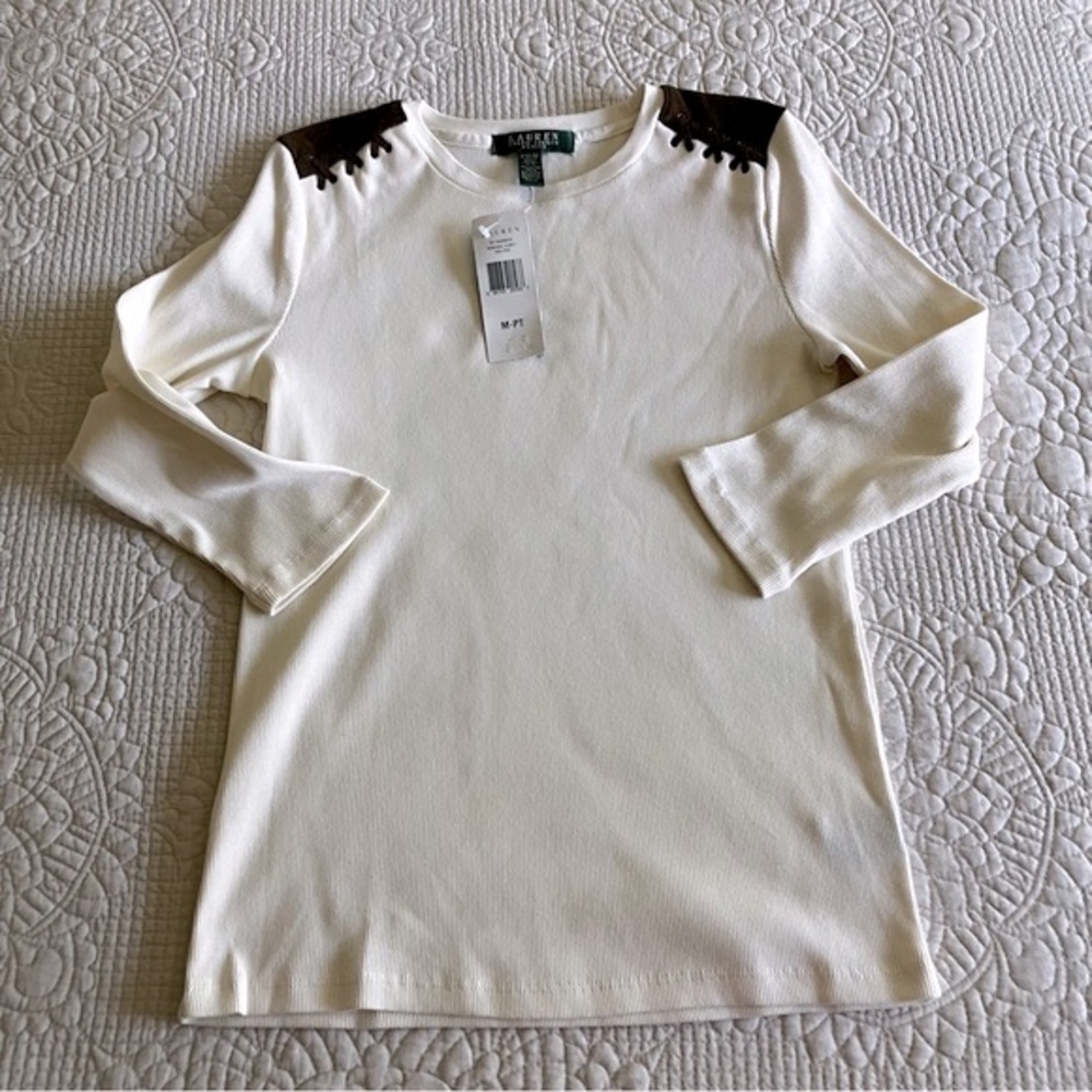 NWT Ralph Lauren Petite cream cotton 3/4 sleeve top w/faux suede shoulders